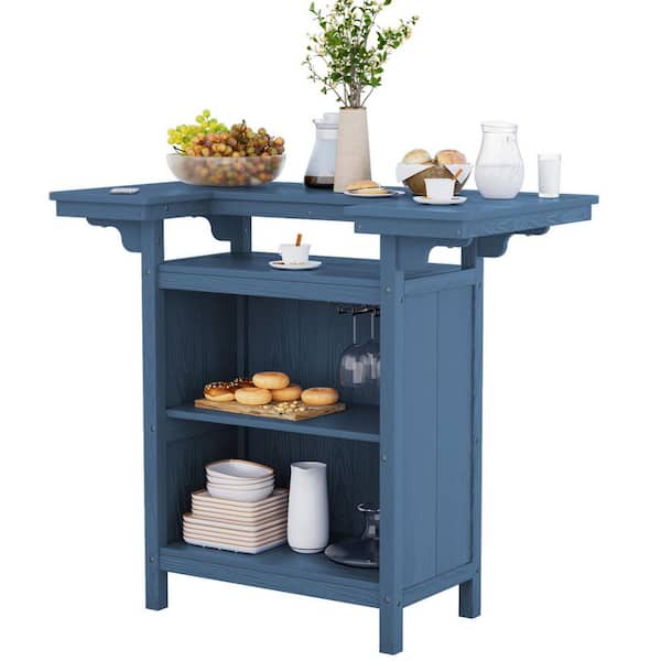 HDPE Outdoor Bar Table with Storage Shelves and Stemware Rack-Weatherproof Patio Entertainment Bar in Navy