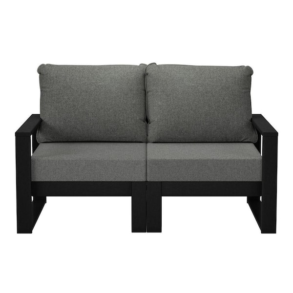 Endless Black Frame HDPE Plastic Outdoor Patio Modern Modular Loveseat with Gray Cushions