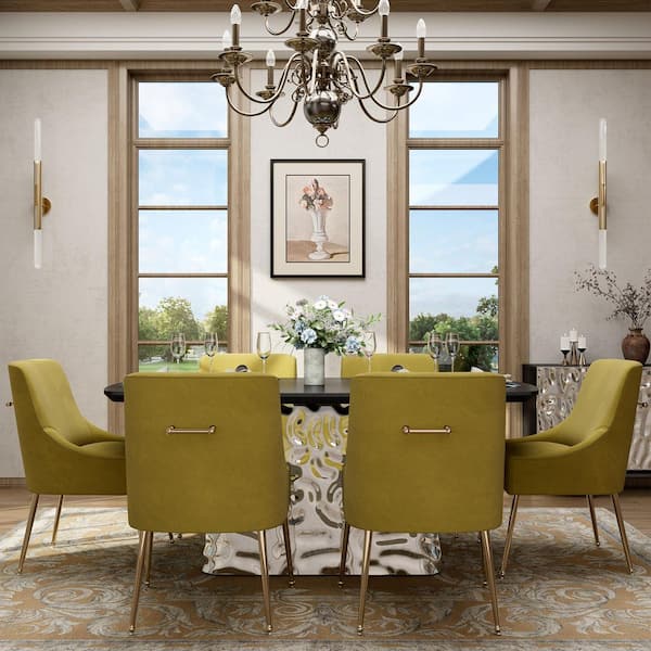 7-Piece Wooden Top Stainless Steel Water Ripple Dining Table Set with Green Velvet Dining Chair (Seats of 6)