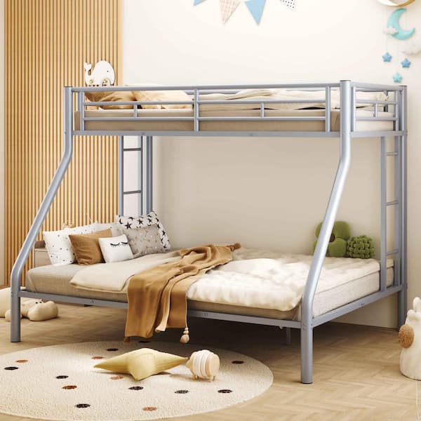Polibi Silver Twin XL Over Queen Metal Bunk Bed with Ladder and Guardrails