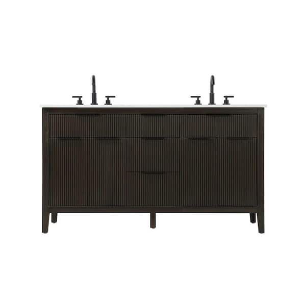 60 in. Double Sink Freestanding Chocolate Oak Bath Vanity with Marble White Engineered Marble Top