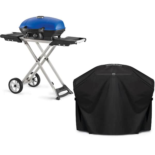 TravelQ 285X 1-Burner Portable Propane Gas Grill in Blue with Scissor Cart with Grill Cover