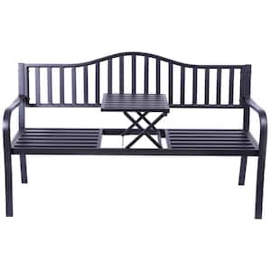 Outdoor Powder Coated Steel Park Bench, Garden Bench with Pop Up Middle Table, Lawn Decor Seating Bench