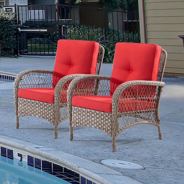 MEOOEM 2-Piece Wicker Outdoor Arm Chairs with Thick Red Cushions for Patio Garden Bistro Yards