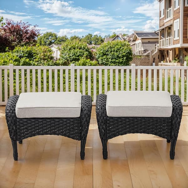 Pocassy Flat Armrest Series Black Wicker Outdoor Patio Ottoman with Cushion Guard Beige Cushions (2-Pack)