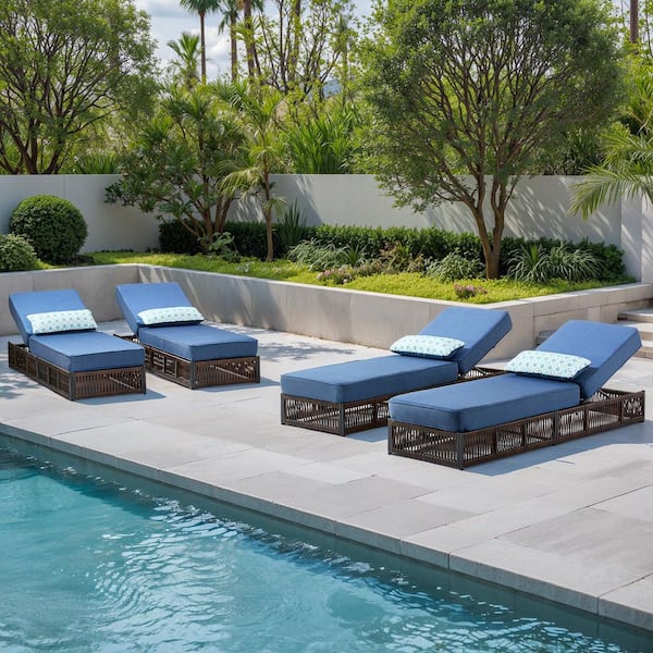 ArcoBay Brown Wicker Outdoor Chaise Lounge with 5 in. Thick Navy Blue Cushions (4-Pack)
