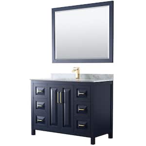 Daria 48 in. Single Vanity in Dark Blue with Marble Vanity Top in White Carrara with White Basin and 46 in. Mirror