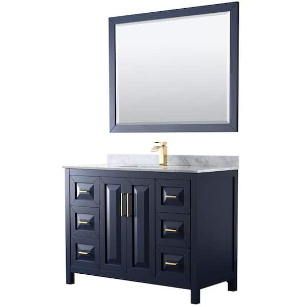 Wyndham Collection Daria 48 in. Single Vanity in Dark Blue with Marble Vanity Top in White Carrara with White Basin and 46 in. Mirror