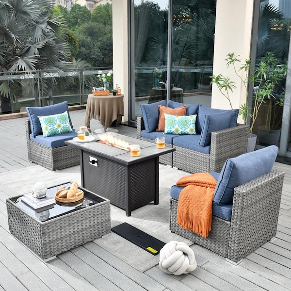 Toject Sanibel Gray 6-Piece Wicker Outdoor Patio Conversation Sofa Sectional Set with a Metal Fire Pit and Navy Blue Cushions