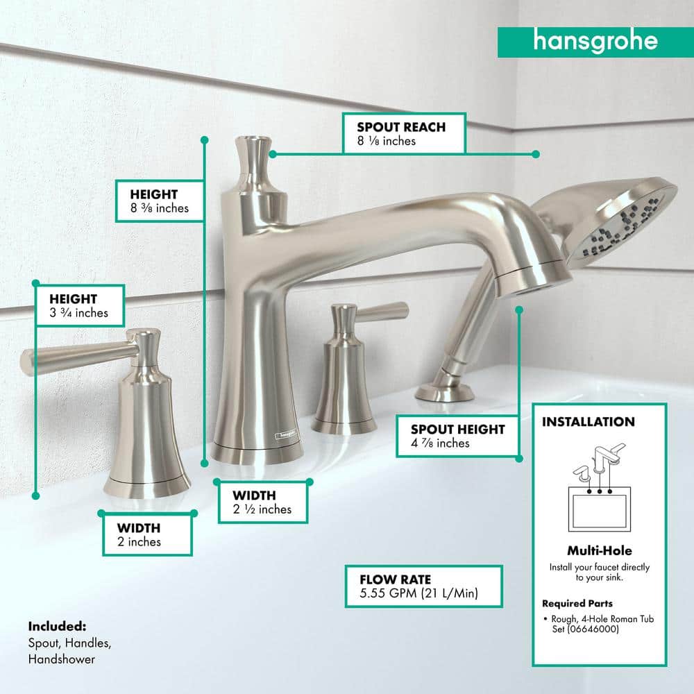 Brushed Nickel 4-Hole Roman Tub Filler with Handshower