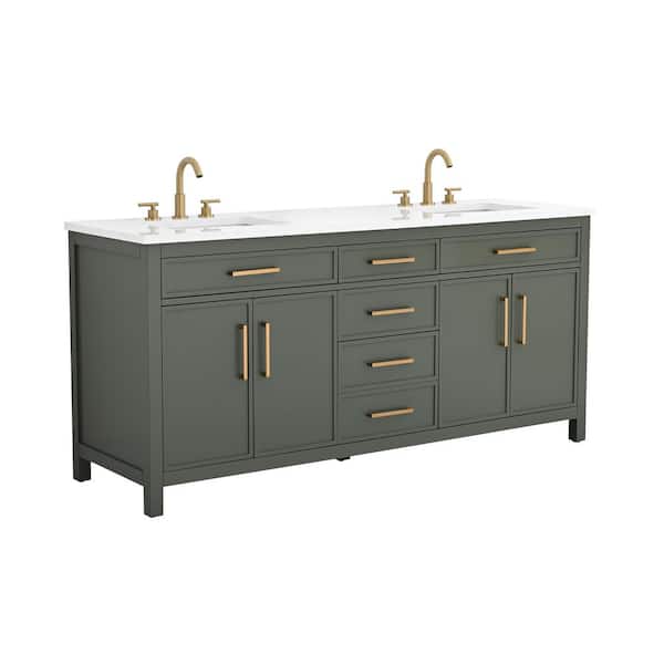 Cooper 72 in. W Bath Vanity in Vintage Green with Engineered Stone Top in Ariston White with White Sinks