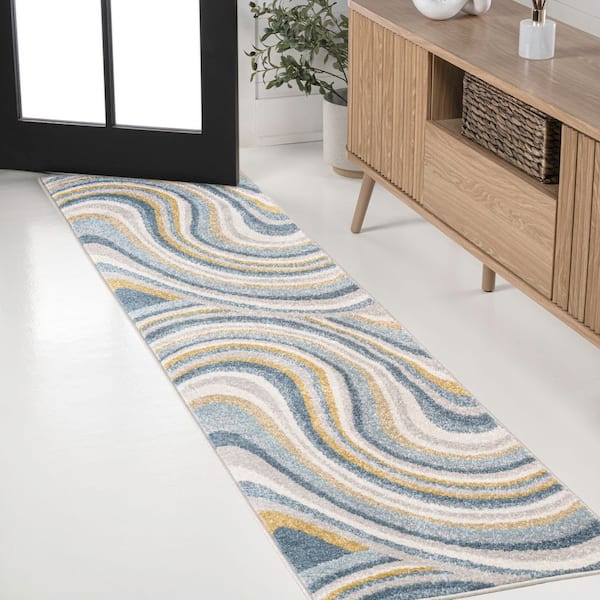 Flow Abstract Swirl Blue/Mustard/Gray 2 ft. x 8 ft. Runner Rug