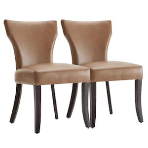 Rowena Saddle Brown Leather Dining Chairs with Solid Wood Frame and Low Back for Kitchen and Dining Room (Set of 2)