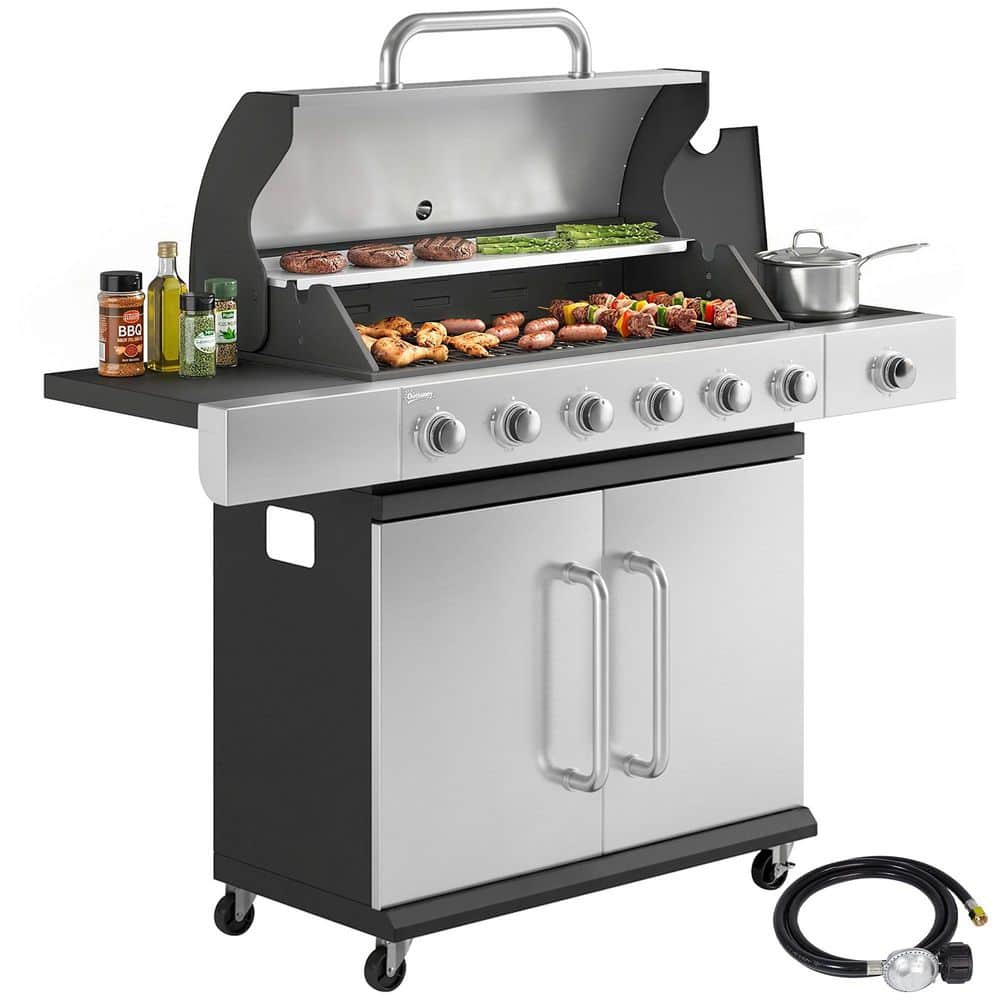 6-Burner Portable Propane Gas Grill in Black and Silver with Side Burner and Cabinet