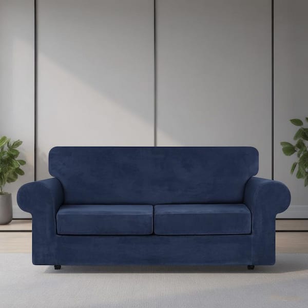 3-Piece Navy Blue Velvet High Stretch Couch Slipcovers for 2 Cushion Sofa with Non Slip Elastic Bottom Protector