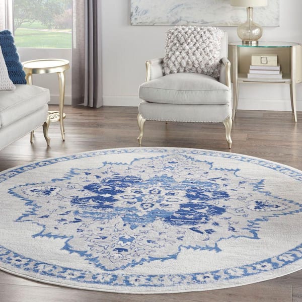 Whimsical Ivory Blue 8 ft. x 8 ft. Center Medallion Traditional Round Rug