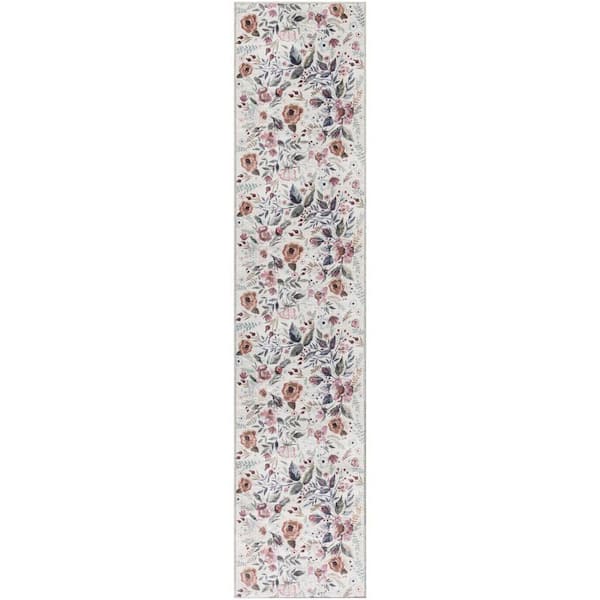 Washables Ivory Pink 2 ft. x 10 ft. Botanical Traditional Runner Area Rug
