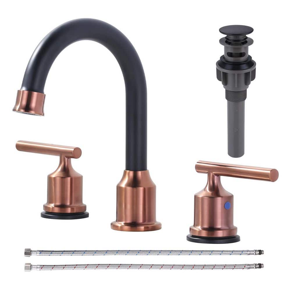 8 in. Widespread 3 Hole Double Handle Bathroom Faucet with Pop-up Drain and Water Supply Lines in Rose Gold and Black price history on PriceWatchPro