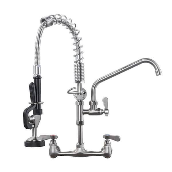 Wall Mount Triple Handle Pull Down Sprayer Kitchen Faucet with Pre-Rinse Sprayer with Advanced Spray in Brushed Nickel