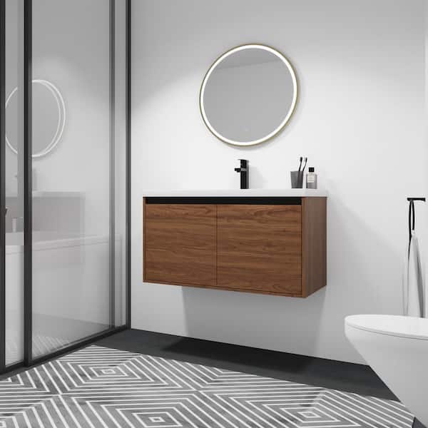 EAKYHOM 36 in. W x 18 in. D x 21 in. H Single Sink Wall Mounted Floating Bath Vanity in Brown with White Acrylic Top