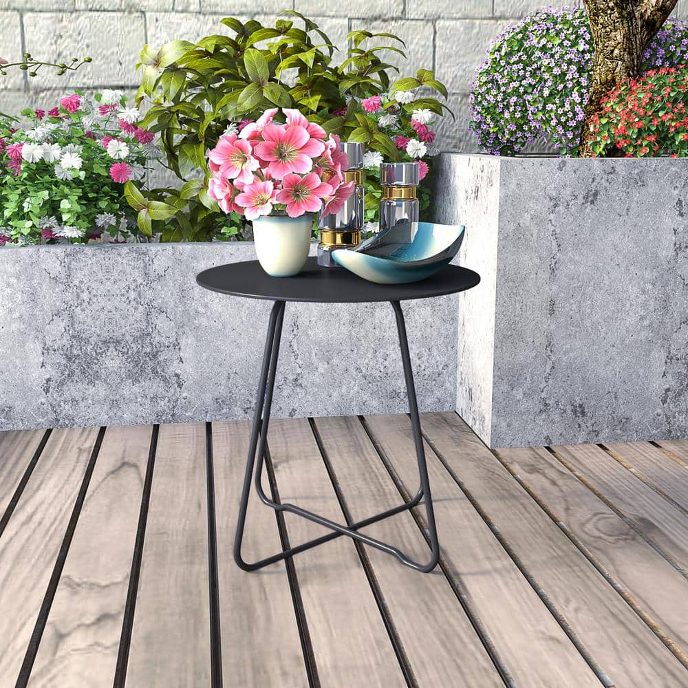 Black Round Steel Patio Side Table with Adjustable Feet