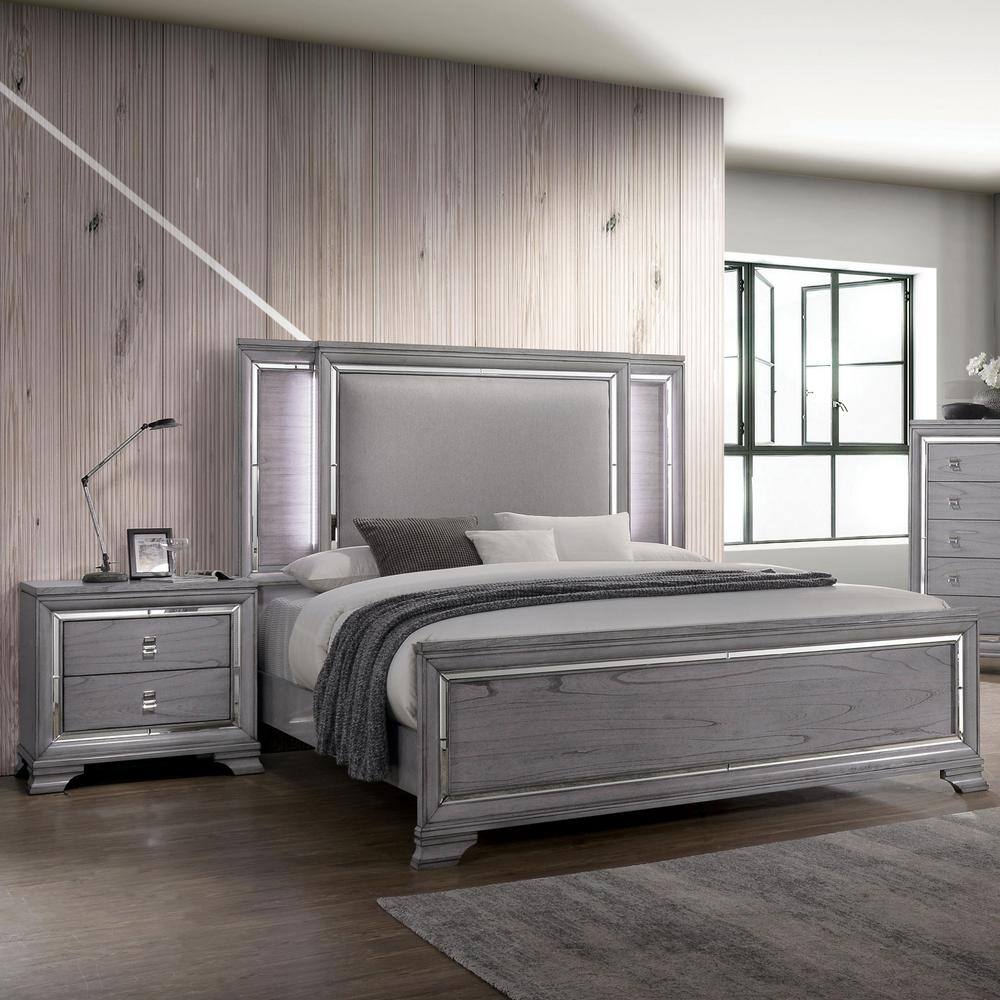 Tannon 2-Piece Light Gray King Wood Bedroom Set, Bed with LED Light and Nightstand price history on PriceWatchPro