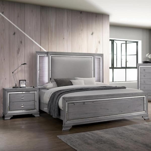 Furniture of America Tannon 2-Piece Light Gray King Wood Bedroom Set, Bed with LED Light and Nightstand