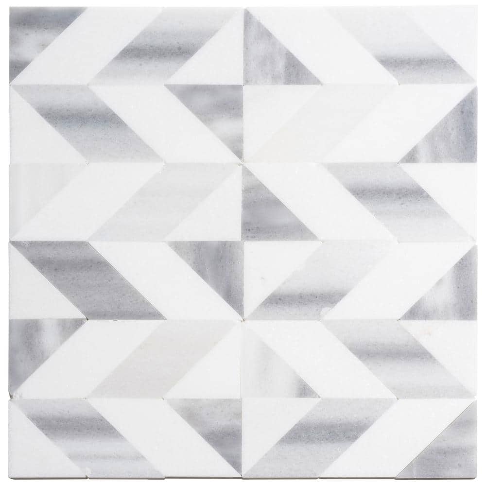 Livmor Chevron 11 in. x 11.37 in. Polished Dora Gray Stone Mosaic Tile Samp