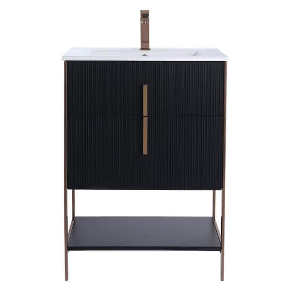 FINE FIXTURES 24 in. W x 18 in. D x 33.5 in. H in Black Matte Bath Vanity with White Ceramic Sink Top with Rose Gold Hardware