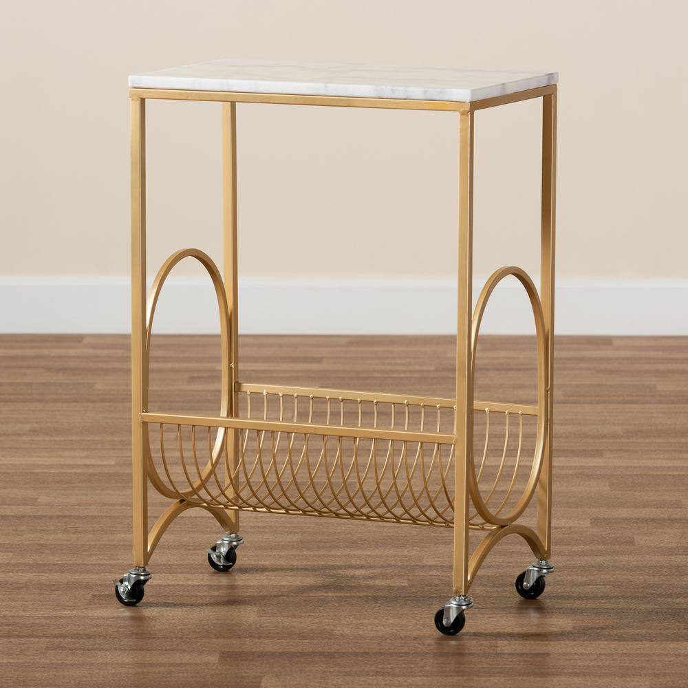 Gold Metal Wine Cart with Marble Top and Storage