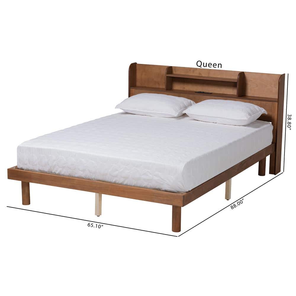 Walnut Brown Queen Wood Platform Bed with Shelved Headboard