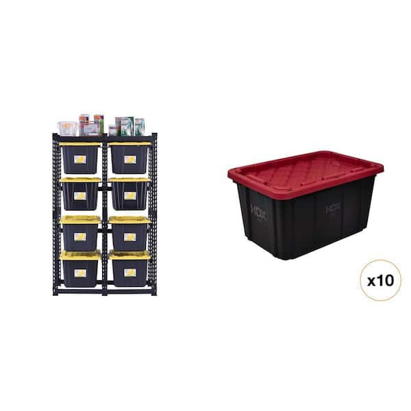 HDX 10-Tote Metal Storage Rack (50 in. W x 78 in. H x 24 in. D) with 27 Gal. Black and Red Tough Tote Combo (2 Piece)