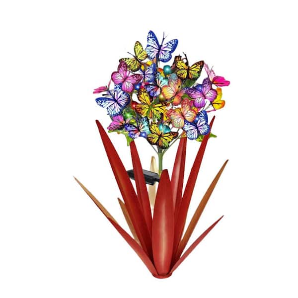 MOEPISY Solar Metal Agave Butterfly Flower Stick Garden Sculpture (3 Pieces Red)