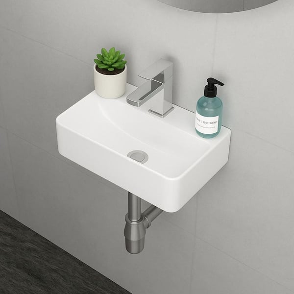4.2 in. H Ceramic Rectangle Wall Mount Bathroom Sink with Single Faucet Hole White