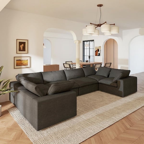 U Shape 157 in. Square Arm Linen 6-Piece Down Filled Convertible Cloud Modular Sectional Sofa in Black for Living Room