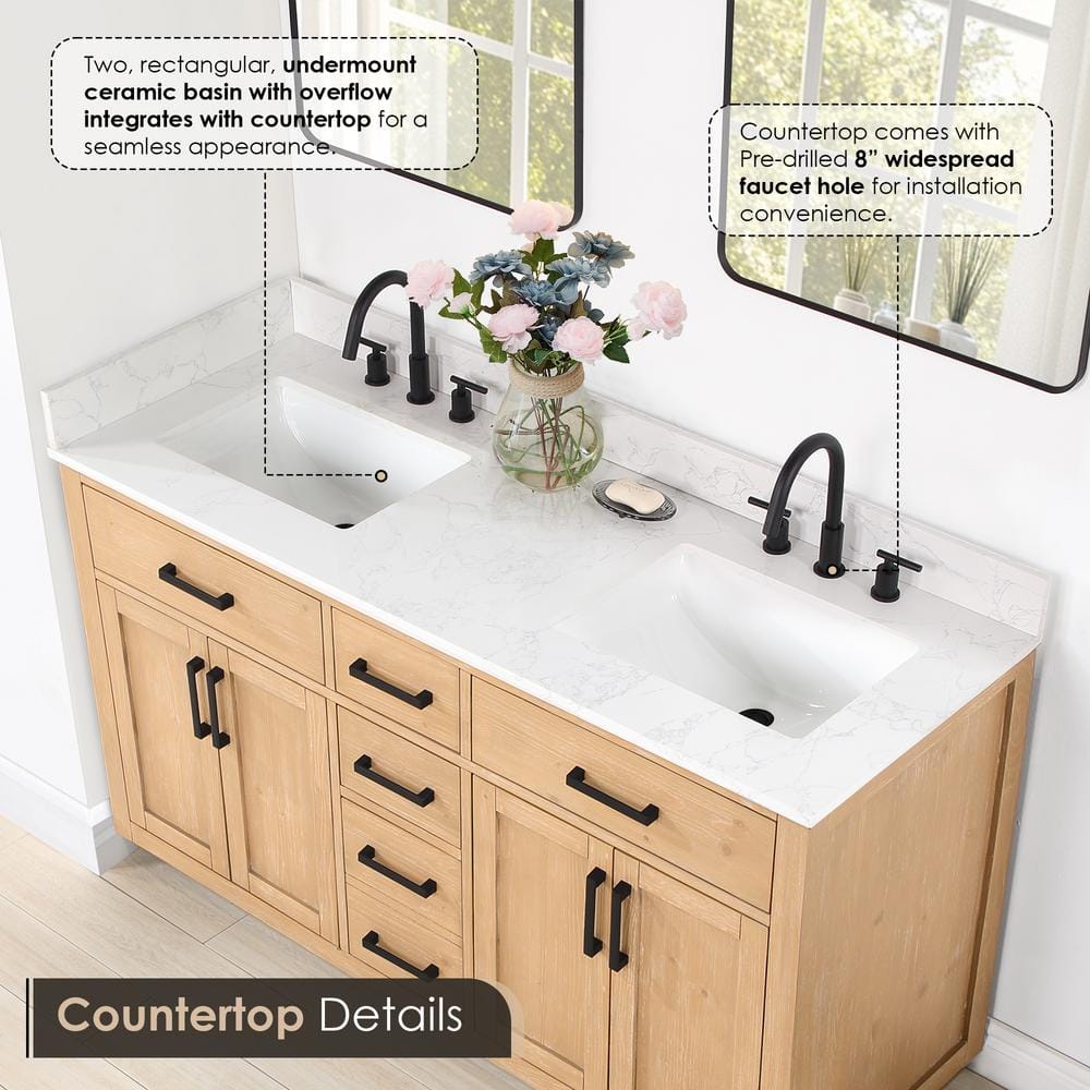 Gavino 60" Light Brown Wood Vanity with Stone Top and Mirror
