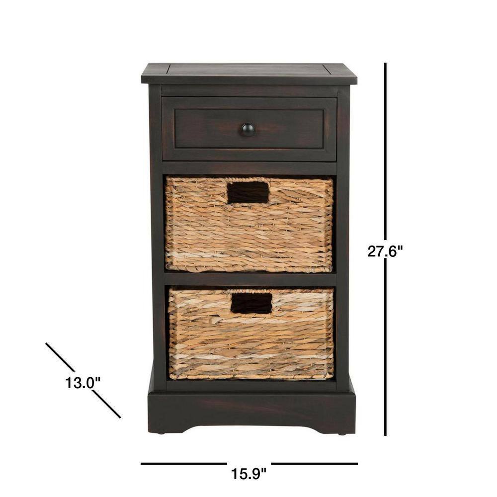 Transitional Brown Pine 3-Drawer Side Table with Woven Baskets