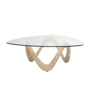 42 in. Beige Medium Triangle Cement Wood Grain Inspired Abstract Coffee Table with Wavy Base and Triangular Glass Top