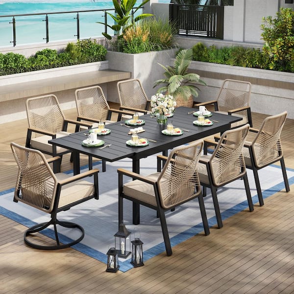 9-Piece Black Metal Patio Outdoor Dining Set with Expandable Rectangle Table and Woven Rope Chair with Beige Cushions