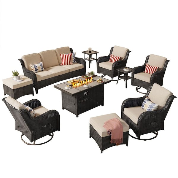 Joyoung Brown 10-Piece Wicker Patio Rectangle Fire Pit Conversation Set with Beige Cushions and Swivel Chairs