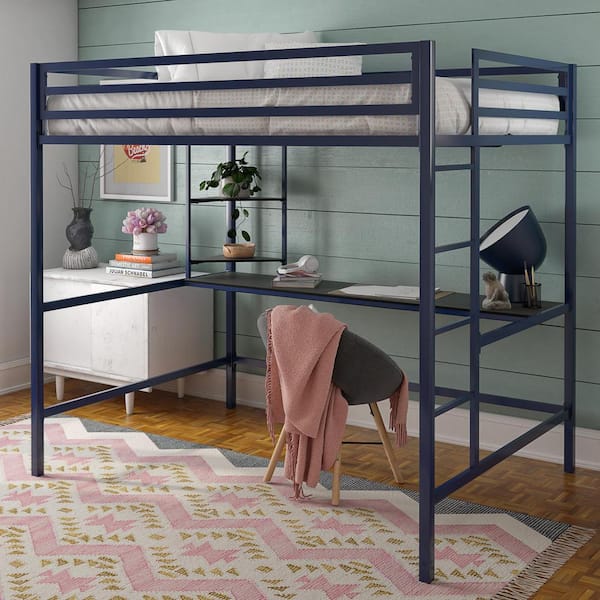 Maxwell Metal Full Loft Bed with Desk and Shelves, Blue/ Black