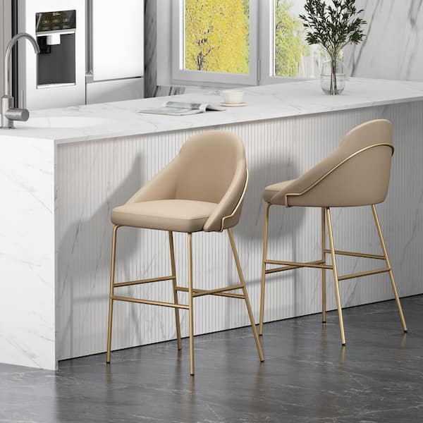 Manhattan Comfort Gracie 29.1 in. Modern Tan and Gold Metal Frame Bar Stool with Faux Leather Upholstered Seat (Set of 2)