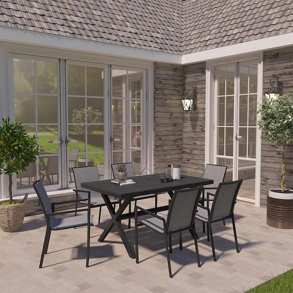 Kadehome BlackGray 7-Piece Aluminum Rectangular Standard Height Outdoor Dining Set with Teslin Backrest and Plastic Wood Tabletop