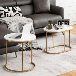 23.5 in. Marble and Golden Nesting Coffee Table Modern Side Table Set Living Room 2-Pieces