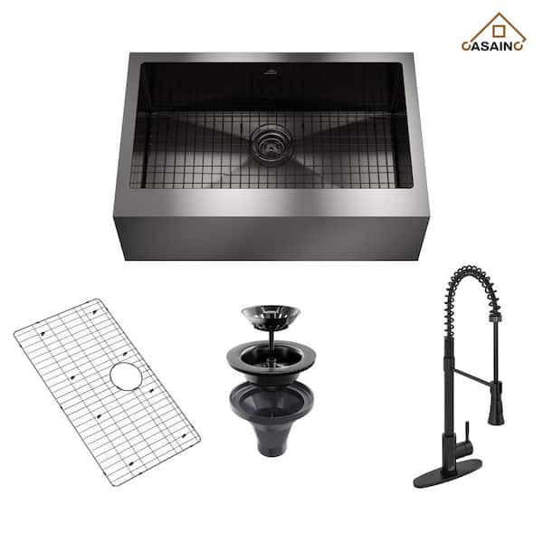 Farmhouse Apron-Front Black Stainless Steel 33 in. Single Bowl Kitchen Sink with Kitchen Faucet