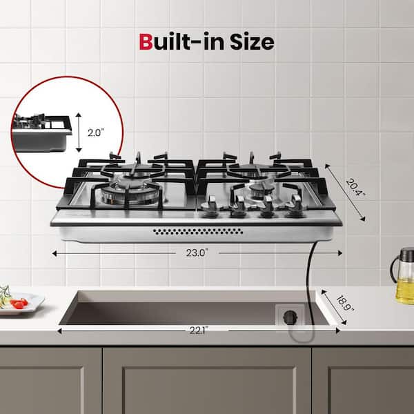 24 In Recessed Gas Cooktop 4 Burners in Stainless Steel with Griddle