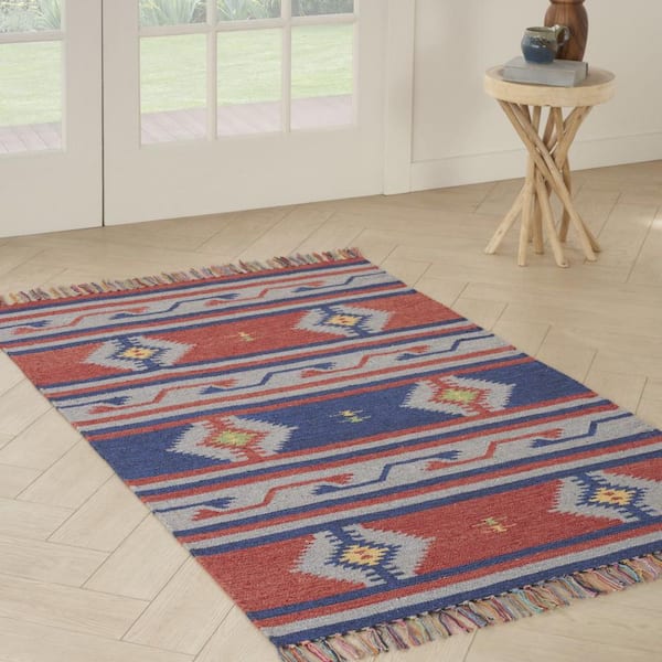 5 ft. x 7 ft. Blue and Red Southwestern Handmade Area Rug with Fringe