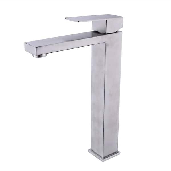FLG Single Handle Bathroom Vessel Sink Faucet Single Hole Modern 304 Stainless Steel High Tall Taps in Brushed Nickel