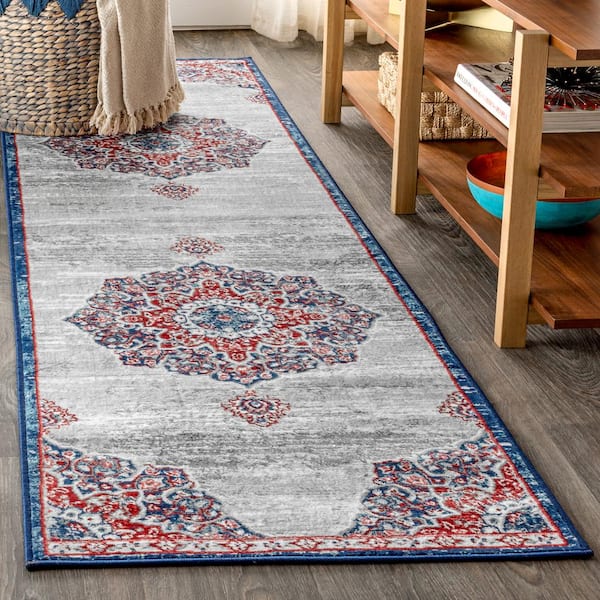Modern Persian Vintage Moroccan Medallion Navy/Light Pink 2 ft. x 8 ft. Runner Rug