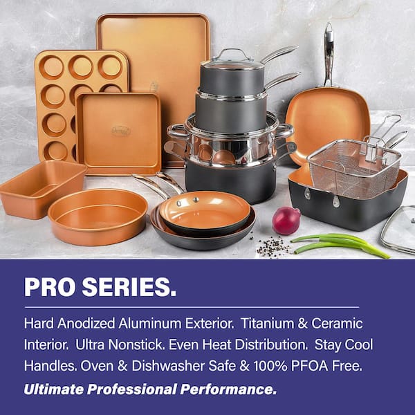 Gotham steel 20 piece pots & pans set complete kitchen cookware +  bakeware set nonstick ceramic copper coating